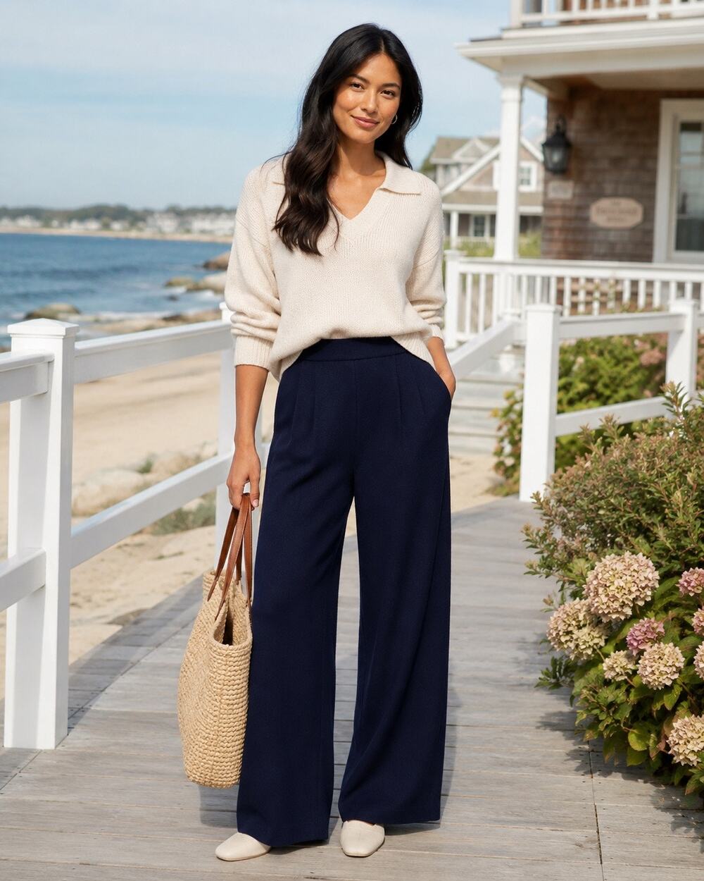 St. John Basics Navy Blue Wool Knit High Rise Wide Leg Pants Size 8 Medium